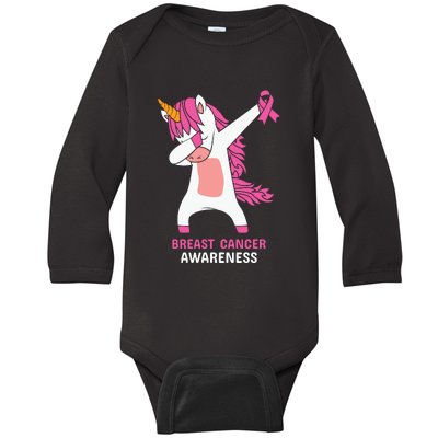 Breast Cancer Dabbing Unicorn, Fight Cancer, Pink Ribbon Breast Cancer, Survivor Baby Long Sleeve Bodysuit