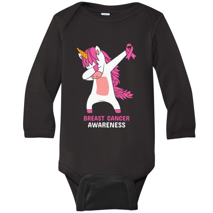 Breast Cancer Dabbing Unicorn, Fight Cancer, Pink Ribbon Breast Cancer, Survivor Baby Long Sleeve Bodysuit