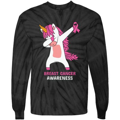 Breast Cancer Dabbing Unicorn, Fight Cancer, Pink Ribbon Breast Cancer, Survivor Tie-Dye Long Sleeve Shirt