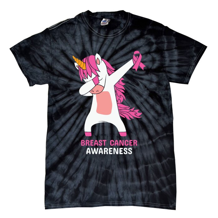 Breast Cancer Dabbing Unicorn, Fight Cancer, Pink Ribbon Breast Cancer, Survivor Tie-Dye T-Shirt