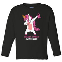 Breast Cancer Dabbing Unicorn, Fight Cancer, Pink Ribbon Breast Cancer, Survivor Toddler Long Sleeve Shirt