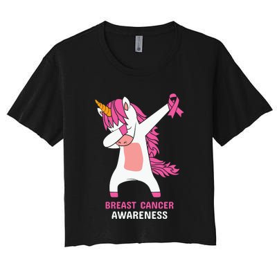 Breast Cancer Dabbing Unicorn, Fight Cancer, Pink Ribbon Breast Cancer, Survivor Women's Crop Top Tee