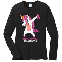 Breast Cancer Dabbing Unicorn, Fight Cancer, Pink Ribbon Breast Cancer, Survivor Ladies Long Sleeve Shirt