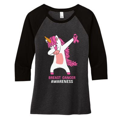 Breast Cancer Dabbing Unicorn, Fight Cancer, Pink Ribbon Breast Cancer, Survivor Women's Tri-Blend 3/4-Sleeve Raglan Shirt