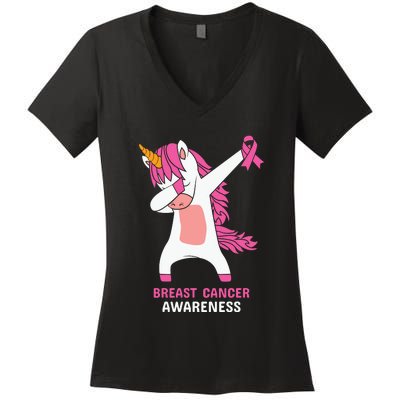 Breast Cancer Dabbing Unicorn, Fight Cancer, Pink Ribbon Breast Cancer, Survivor Women's V-Neck T-Shirt