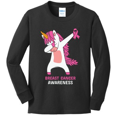 Breast Cancer Dabbing Unicorn, Fight Cancer, Pink Ribbon Breast Cancer, Survivor Kids Long Sleeve Shirt