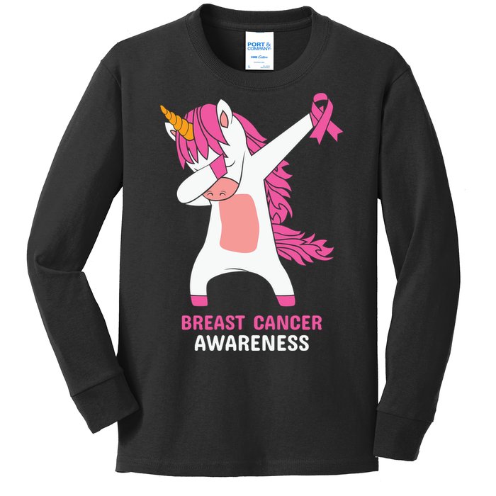 Breast Cancer Dabbing Unicorn, Fight Cancer, Pink Ribbon Breast Cancer, Survivor Kids Long Sleeve Shirt