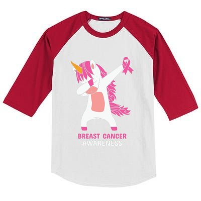 Breast Cancer Dabbing Unicorn, Fight Cancer, Pink Ribbon Breast Cancer, Survivor Kids Colorblock Raglan Jersey