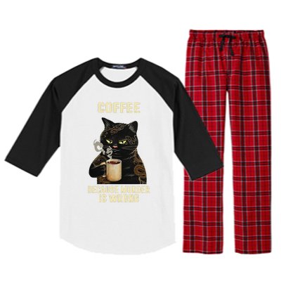 Black Cat Drinking Coffee Because Murder Is Wrong Vintage Raglan Sleeve Pajama Set