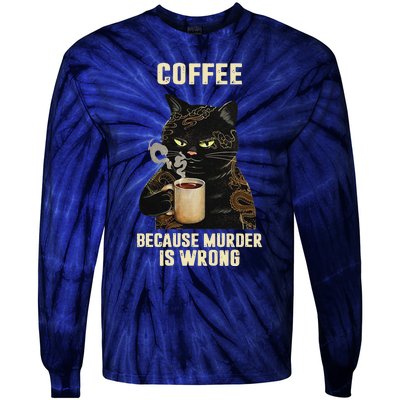 Black Cat Drinking Coffee Because Murder Is Wrong Vintage Tie-Dye Long Sleeve Shirt