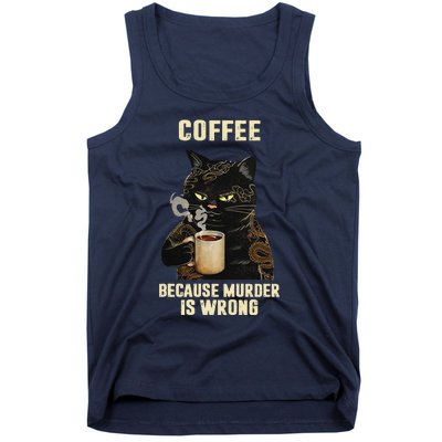 Black Cat Drinking Coffee Because Murder Is Wrong Vintage Tank Top