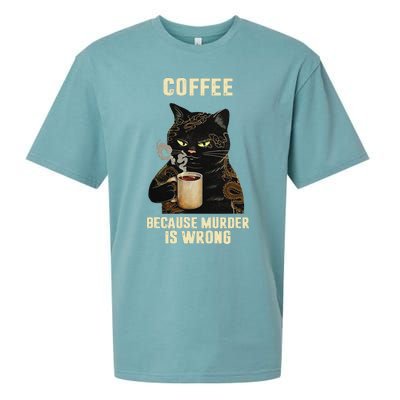 Black Cat Drinking Coffee Because Murder Is Wrong Vintage Sueded Cloud Jersey T-Shirt