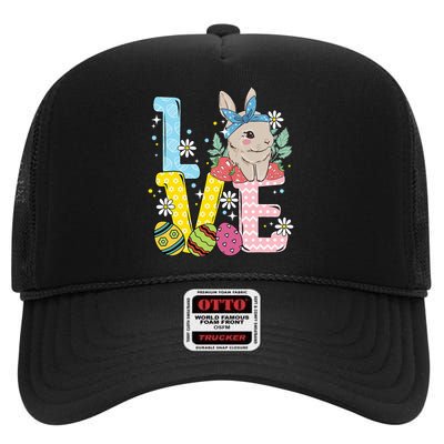 Bunny Colorful Easter Eggs Love Easter rabbit High Crown Mesh Back Trucker Hat