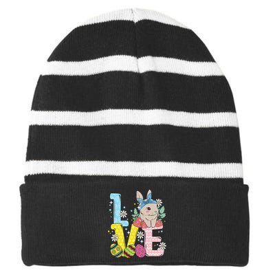 Bunny Colorful Easter Eggs Love Easter rabbit Striped Beanie with Solid Band