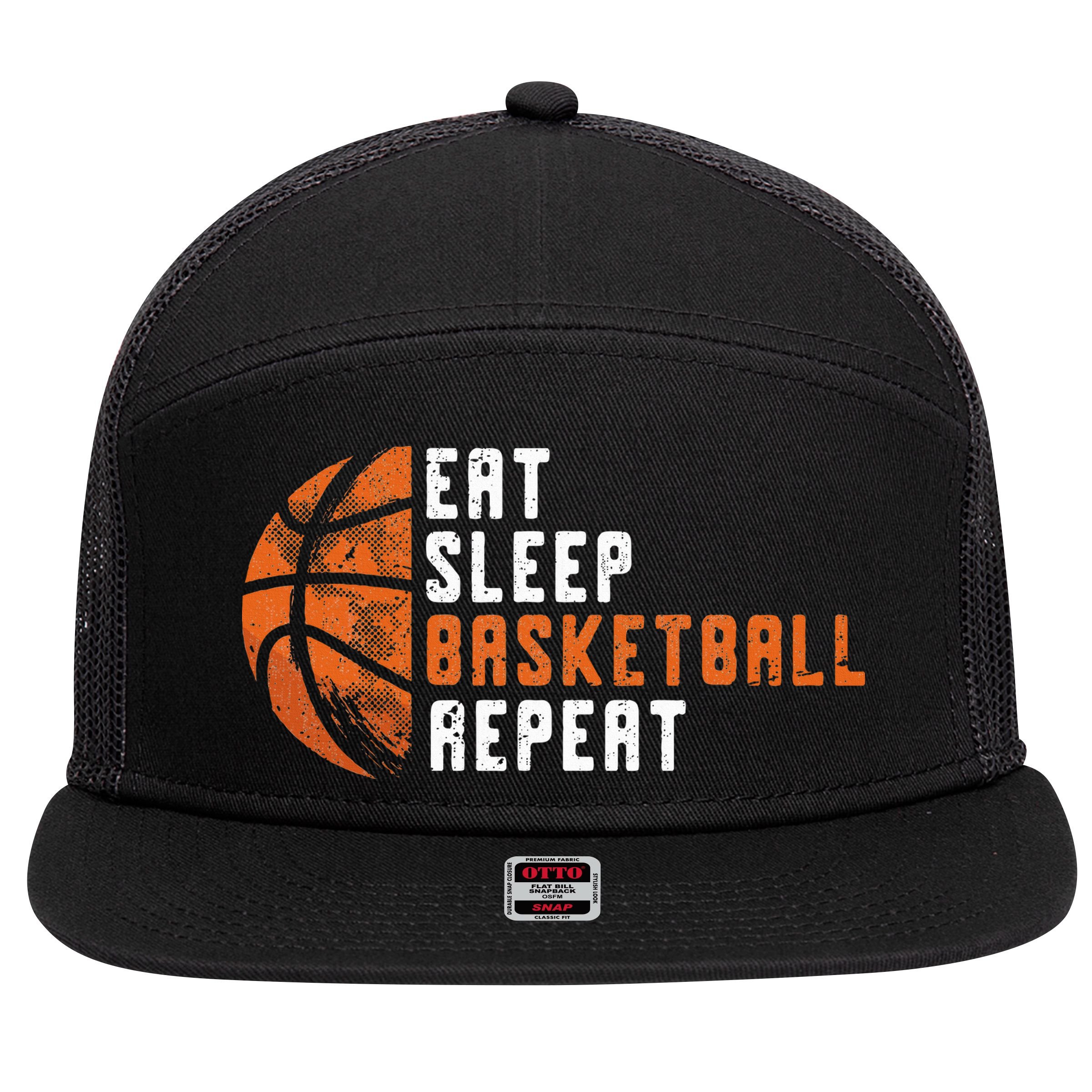 Basketball Coach Eat Sleep Basketball Repeat 7 Panel Mesh Trucker Snapback Hat