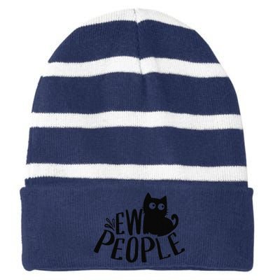 Black Cat Ew People Funny Meowy Cat Lovers Striped Beanie with Solid Band