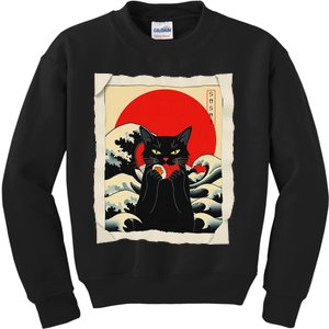 Black Cat Eating Sushi Anime Funny Cat Kids Sweatshirt