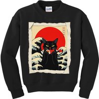 Black Cat Eating Sushi Anime Funny Cat Kids Sweatshirt