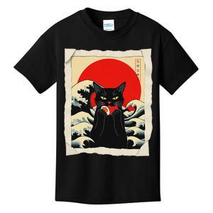 Black Cat Eating Sushi Anime Funny Cat Kids T-Shirt