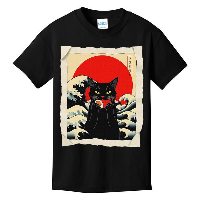 Black Cat Eating Sushi Anime Funny Cat Kids T-Shirt