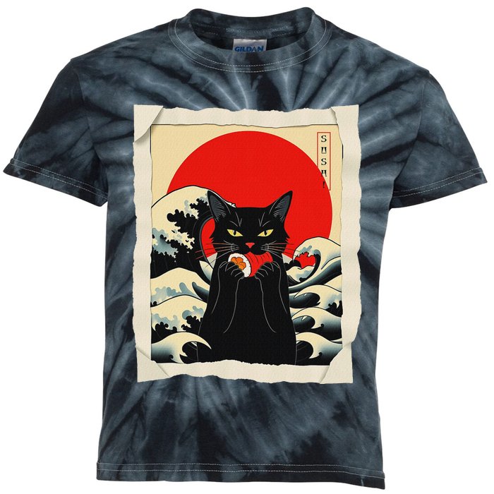 Black Cat Eating Sushi Anime Funny Cat Kids Tie-Dye T-Shirt