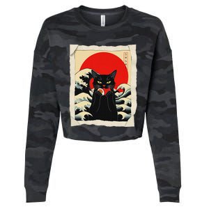 Black Cat Eating Sushi Anime Cat Cropped Pullover Crew