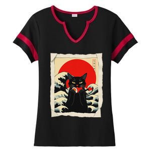 Black Cat Eating Sushi Anime Cat Ladies Halftime Notch Neck Tee