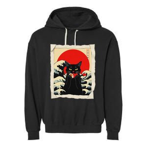 Black Cat Eating Sushi Anime Cat Garment-Dyed Fleece Hoodie