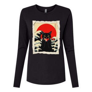 Black Cat Eating Sushi Anime Cat Womens Cotton Relaxed Long Sleeve T-Shirt