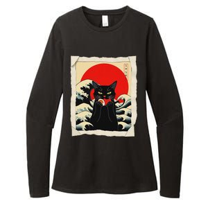 Black Cat Eating Sushi Anime Cat Womens CVC Long Sleeve Shirt