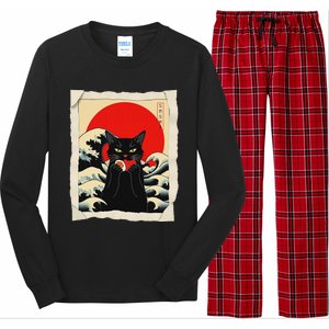 Black Cat Eating Sushi Anime Cat Long Sleeve Pajama Set