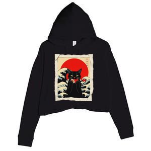 Black Cat Eating Sushi Anime Cat Crop Fleece Hoodie