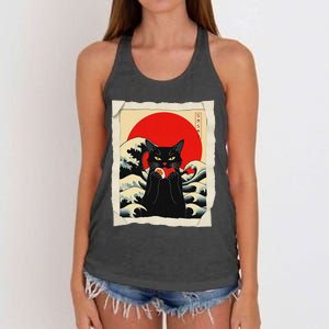 Black Cat Eating Sushi Anime Cat Women's Knotted Racerback Tank