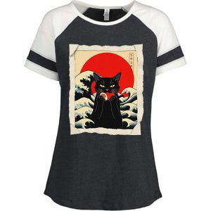 Black Cat Eating Sushi Anime Cat Enza Ladies Jersey Colorblock Tee