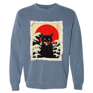 Black Cat Eating Sushi Anime Cat Garment-Dyed Sweatshirt