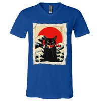 Black Cat Eating Sushi Anime Cat V-Neck T-Shirt