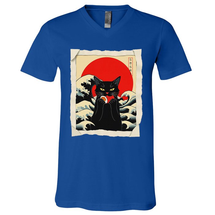 Black Cat Eating Sushi Anime Cat V-Neck T-Shirt