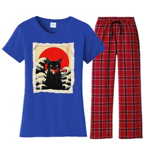 Black Cat Eating Sushi Anime Cat Women's Flannel Pajama Set