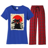 Black Cat Eating Sushi Anime Cat Women's Flannel Pajama Set