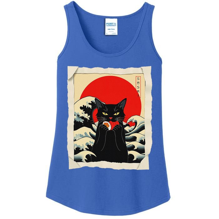 Black Cat Eating Sushi Anime Cat Ladies Essential Tank