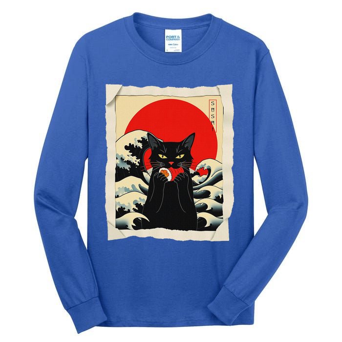 Black Cat Eating Sushi Anime Cat Tall Long Sleeve T-Shirt