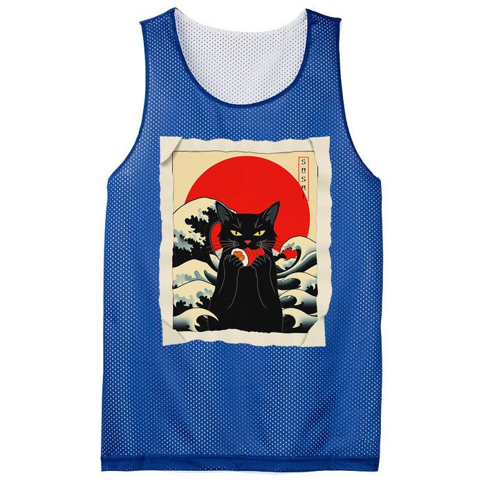 Black Cat Eating Sushi Anime Cat Mesh Reversible Basketball Jersey Tank