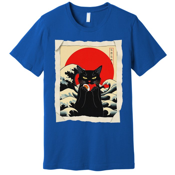 Black Cat Eating Sushi Anime Cat Premium T-Shirt