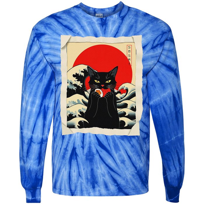 Black Cat Eating Sushi Anime Cat Tie-Dye Long Sleeve Shirt