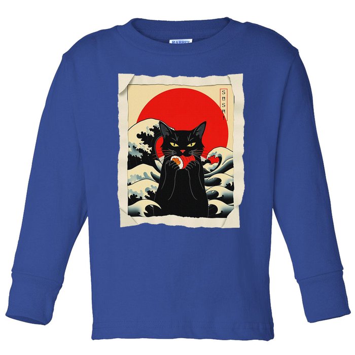 Black Cat Eating Sushi Anime Cat Toddler Long Sleeve Shirt