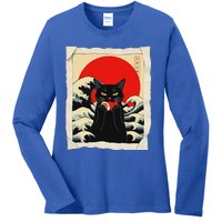 Black Cat Eating Sushi Anime Cat Ladies Long Sleeve Shirt