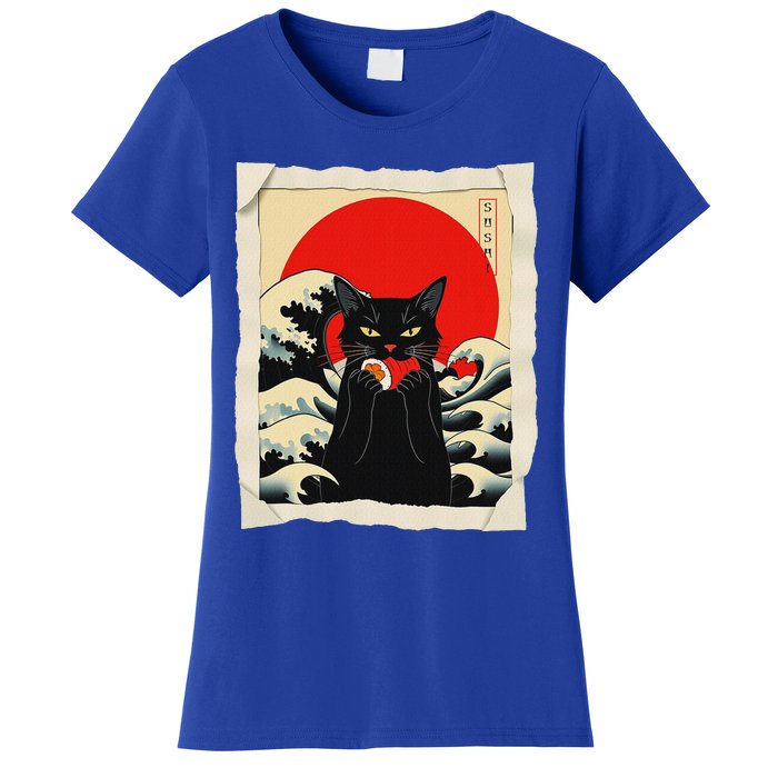 Black Cat Eating Sushi Anime Cat Women's T-Shirt