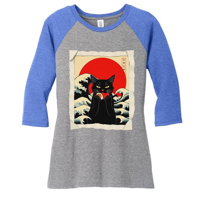 Black Cat Eating Sushi Anime Cat Women's Tri-Blend 3/4-Sleeve Raglan Shirt