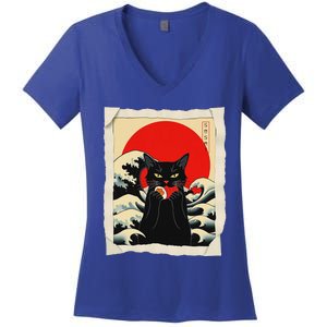 Black Cat Eating Sushi Anime Cat Women's V-Neck T-Shirt