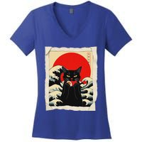 Black Cat Eating Sushi Anime Cat Women's V-Neck T-Shirt